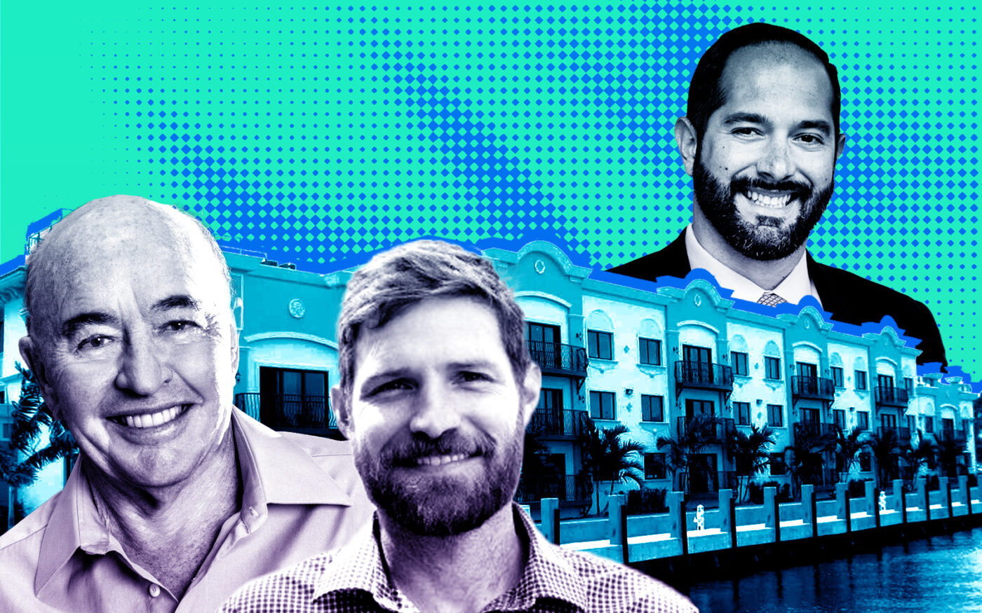 From left: Tavistock founder Joe Lewis, Tavistock Development's Nick Beucher, 2201 Southeast 18th Street in Fort Lauderdale, and Corinthian Capital Real Estate's Denis Barreto Jr.